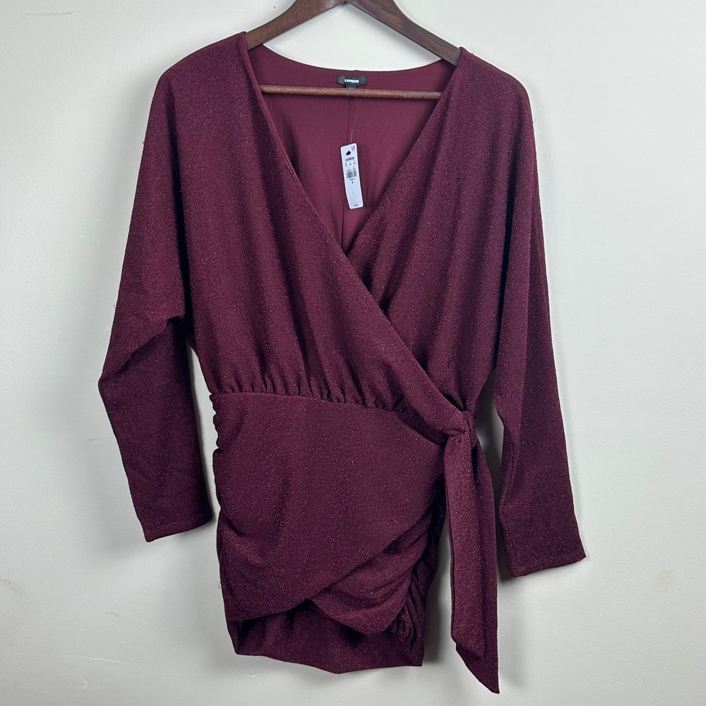 Express Metallic Faux Wrap Mini Dress Women's M Burgundy Ruched Tie NWT